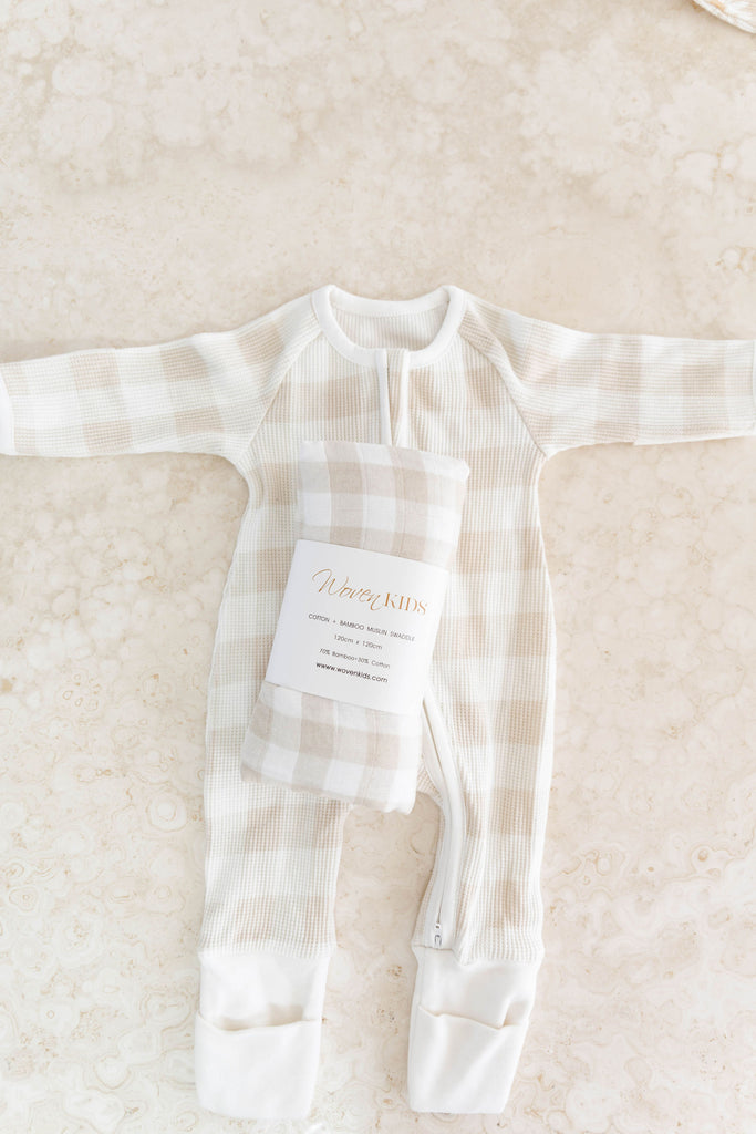 Cotton & Bamboo Swaddle - Neutral Gingham
